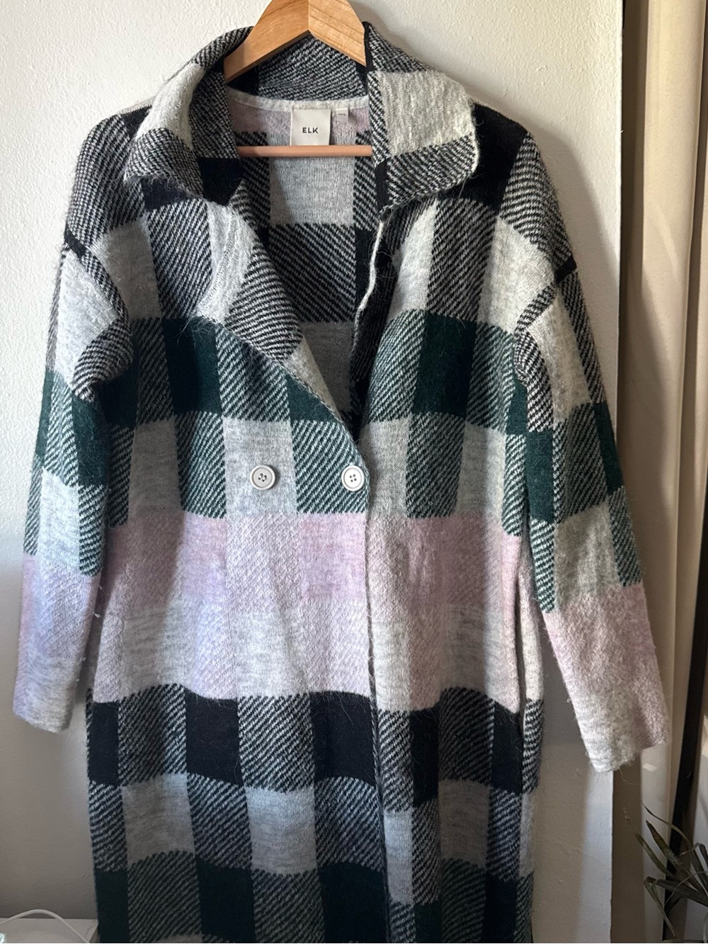 ELK Jelica Wool Blend Long Button-Front Coat Sweater - Green, Black & Pink